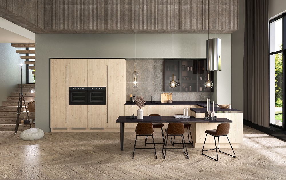 Кухня Стоун Вуд с тонированными стёклами